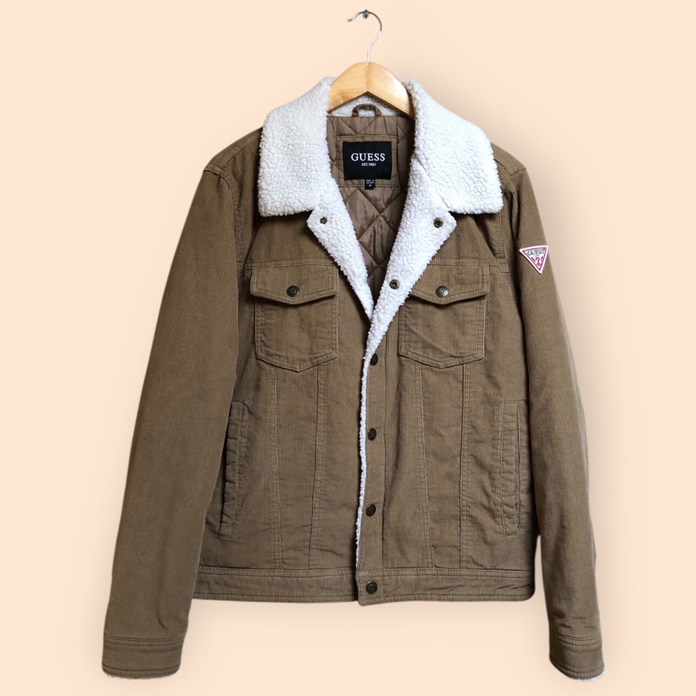 GUESS Men's Corduroy Bomber Jacket with Sherpa Collar Tan Cozy Warm MENS Medium